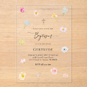 Invitaciones Acrílicas acuarela flores pequeñas Bautizo