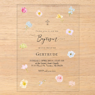 Invitaciones Acrílicas acuarela flores pequeñas Bautizo