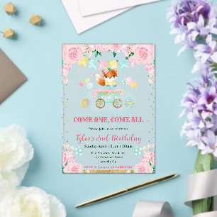 Invitaciones Acrílicas Acuarela Flores Rosadas Cumpleaños Infantil Fox Ki