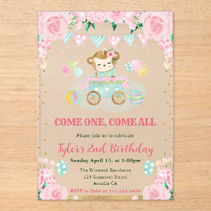 Invitaciones Acrílicas Acuarela Flores Rosadas Cumpleaños Infantil Mono