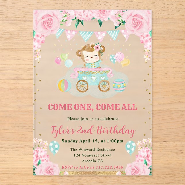 Invitaciones Acrílicas Acuarela Flores Rosadas Cumpleaños Infantil Mono (Anverso)