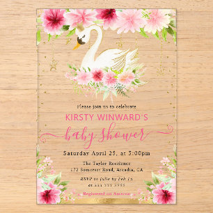Invitaciones Acrílicas Acuarela Flores Rosadas de Verano Baño de Bebé Cis
