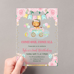 Invitaciones Acrílicas Acuarela Flores rosadas Niños leones Cumpleaños