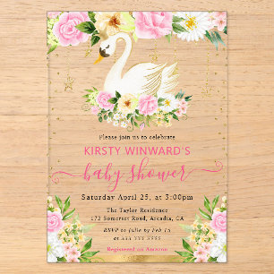 Invitaciones Acrílicas Acuarela Flores Rosadas y Amarillas Cisne Shower d
