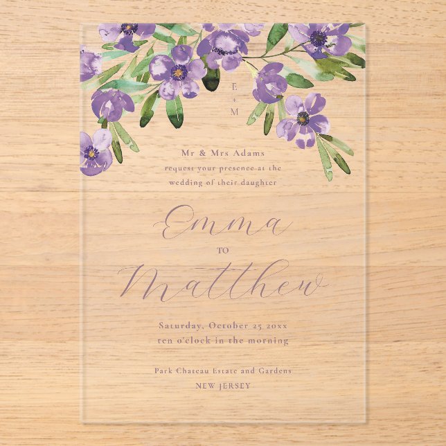Invitaciones Acrílicas Acuarela Flores Rústicas Bodas Morado (Anverso)