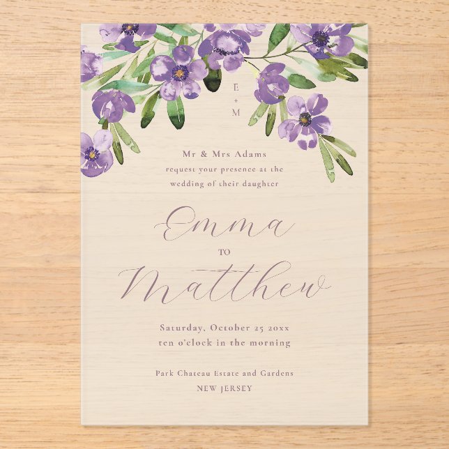 Invitaciones Acrílicas Acuarela Flores Rústicas Bodas Morado (Anverso)