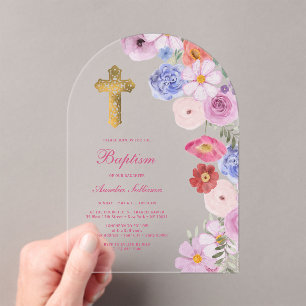 Invitaciones Acrílicas Acuarela Flores Silvestres Bautismo