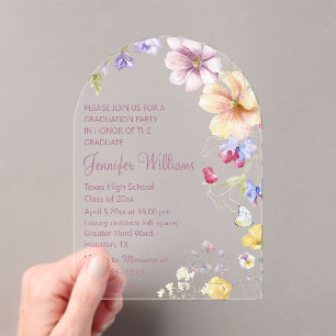 Invitaciones Acrílicas acuarela flores silvestres rosa escritura graduaci