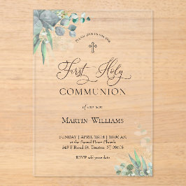 Invitaciones Acrílicas acuarela follaje verde | Primera Comunión