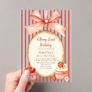 Invitaciones Acrílicas Acuarela Fresa Primer Cumpleaños Acrílico