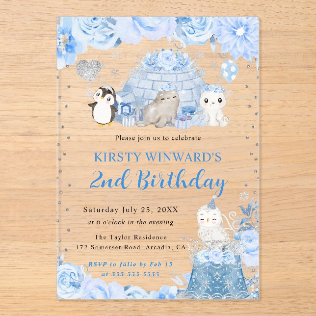 Invitaciones Acrílicas Acuarela Invierno Animales Árticos Niños Cumpleaño (Anverso)