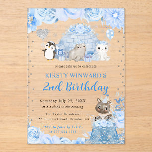 Invitaciones Acrílicas Acuarela Invierno Animales Árticos Niños Cumpleaño