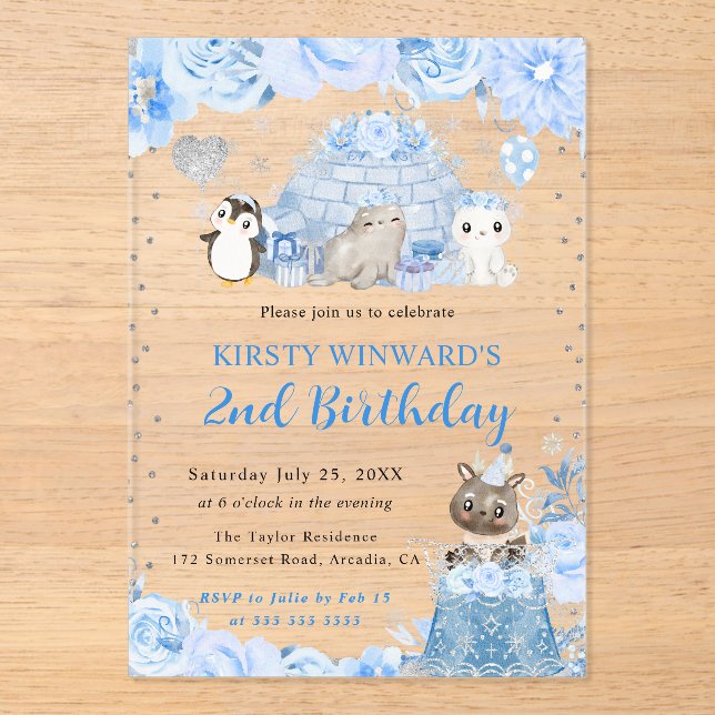 Invitaciones Acrílicas Acuarela Invierno Animales Árticos Niños Cumpleaño (Anverso)