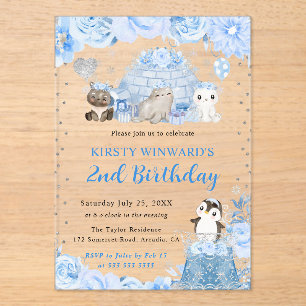 Invitaciones Acrílicas Acuarela Invierno Animales Árticos Niños Cumpleaño