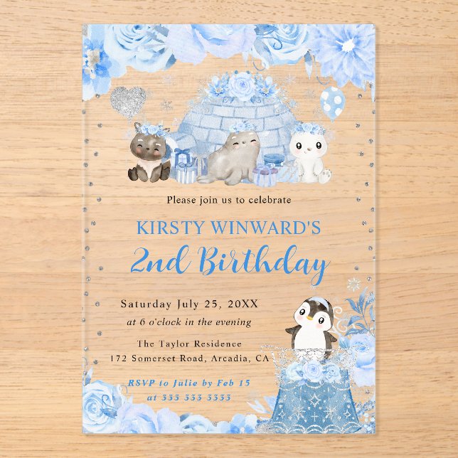 Invitaciones Acrílicas Acuarela Invierno Animales Árticos Niños Cumpleaño (Anverso)