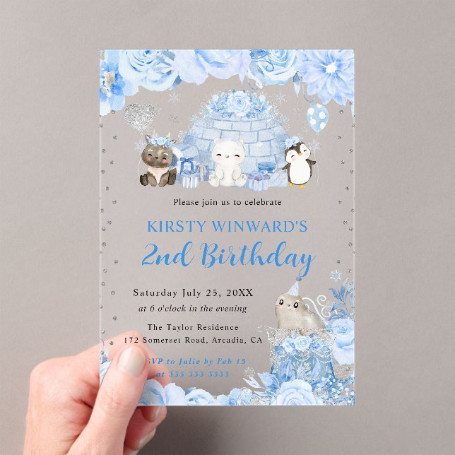 Invitaciones Acrílicas Acuarela Invierno Animales Árticos Niños Cumpleaño (Insitu (portátil))