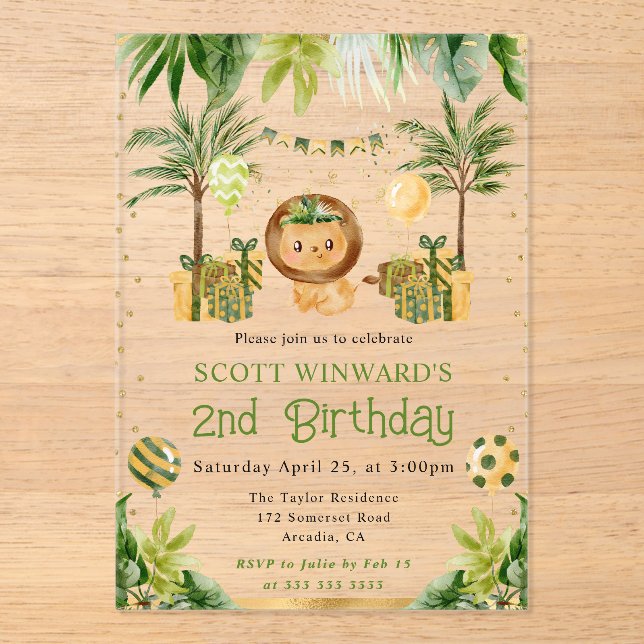 Invitaciones Acrílicas Acuarela Jungle Leon Kids Cumpleaños (Anverso)