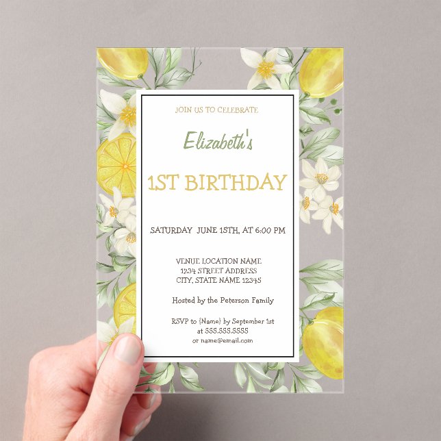 Invitaciones Acrílicas Acuarela Lemons Flowday cumpleaños (Insitu (portátil))