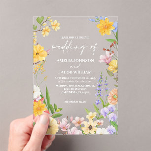Invitaciones Acrílicas Acuarela mantequilla floral Boda botánico amarillo