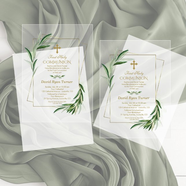 Invitaciones Acrílicas Acuarela Olive deja a Gold Boy Santa Comunión (Subido por el creador)