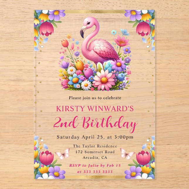 Invitaciones Acrílicas Acuarela Pascua Flamingo Primavera Cumpleaños (Anverso)