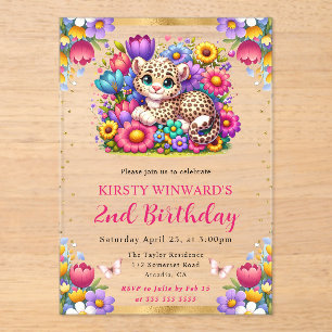 Invitaciones Acrílicas Acuarela Pascua Leopardo Flores de Primavera Cumpl