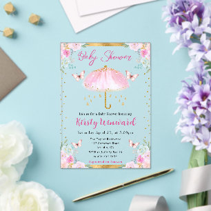 Invitaciones Acrílicas Acuarela Rosa Dorado Primavera Paraguas Baby Showe