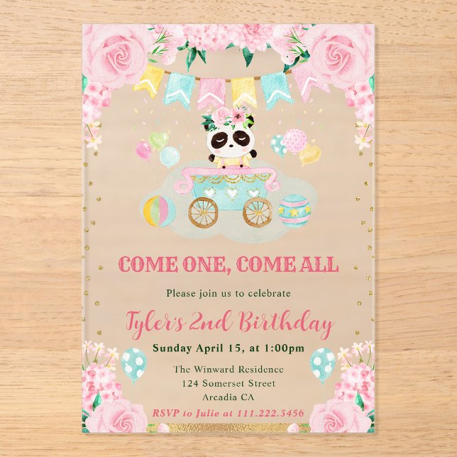 Invitaciones Acrílicas Acuarela Rosa Flores Panda Kids Cumpleaños (Anverso)