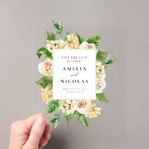 Invitaciones Acrílicas Acuarela Rosa Inglesa Floral Marco Save the Date