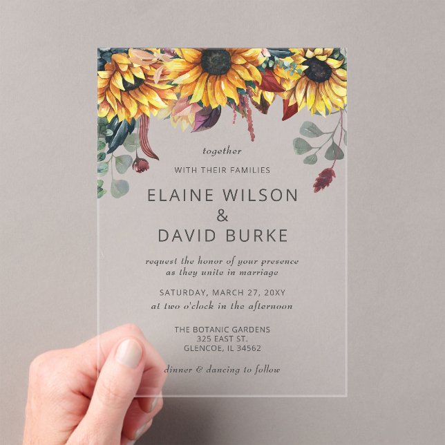 Invitaciones Acrílicas Acuarela Rústica Burgundy Sunflower Boda Caída (Insitu (portátil))