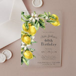 Invitaciones Acrílicas Acuarela Rustica Lemones 60 cumpleaños<br><div class="desc">Esta hermosa invitación a la fiesta de acrílicos 60 años de temática mediterránea exuda un encanto rústico. Cuenta con un sistema en cascada de limones acuáticos frescos en cítricos amarillos y verdes con flores blancas. Se trata de una hermosa elección para celebraciones de cumpleaños a cualquier edad y tiene un...</div>