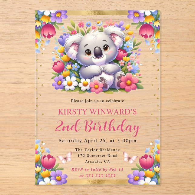 Invitaciones Acrílicas Acuarela Semana Santa Koala y cumpleaños de las fl (Anverso)