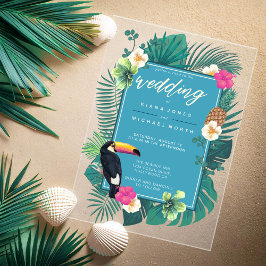 Invitaciones Acrílicas Acuarela Tropical con Toucan Boda ID577 Verde azul