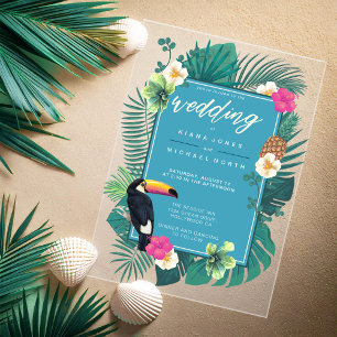 Invitaciones Acrílicas Acuarela Tropical con Toucan Boda ID577 Verde azul