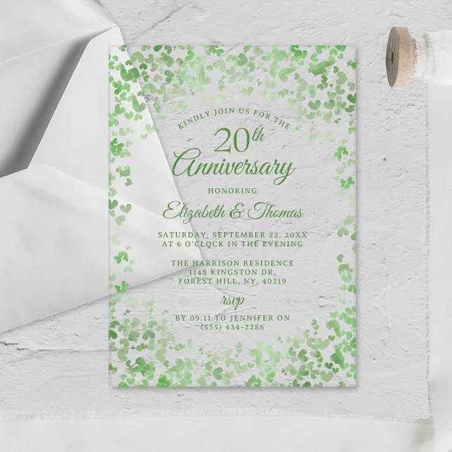 Invitaciones Acrílicas Acuarela verde Corazones 20° aniversario Boda (Subido por el creador)
