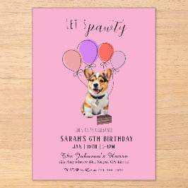 Invitaciones Acrílicas Adorable Corgi Rosa Juguetón Cumpleaños Personaliz