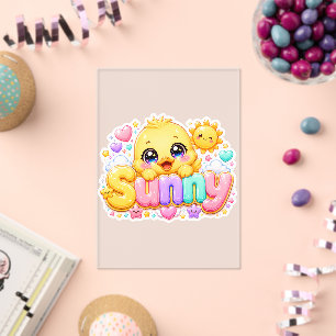 Invitaciones Acrílicas Adorable Kawaii Pollito Soleado Nombre Pastel Rosa