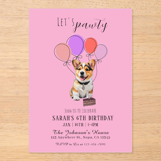 Invitaciones Acrílicas Adorable Playful Pink Corgi Birthday Customizable (Anverso)