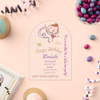 Invitaciones Acrílicas Adorable Rainbow Pink Stick Figure Ballerina Girl
