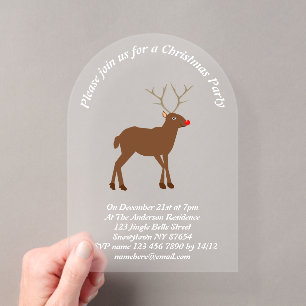 Invitaciones Acrílicas Adorable Reno de Navidad con Nariz Roja Personaliz