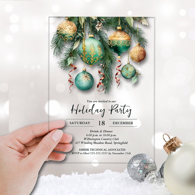 Invitaciones Acrílicas Adornos de Navidad de oro verde Fiesta (Gold and green Christmas tree ornaments clear ACRYLIC party invitations)