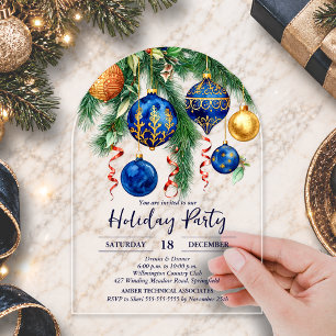 Invitaciones Acrílicas Adornos de Navidad dorados y azules Fiesta Arquead