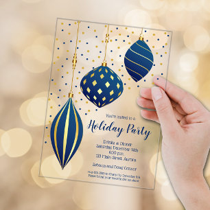 Invitaciones Acrílicas Adornos Navideños de Azul y Dorado Fiesta