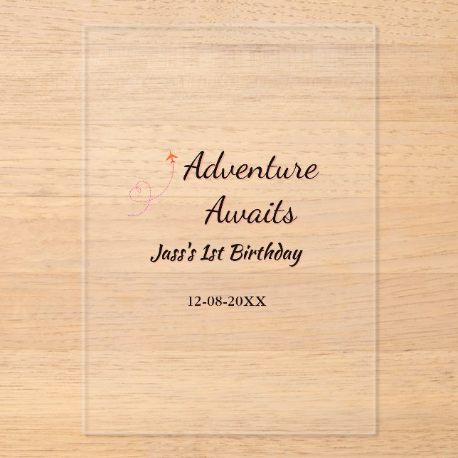 Invitaciones Acrílicas Adventure awaits 1st birthday name date planeretro (Anverso)