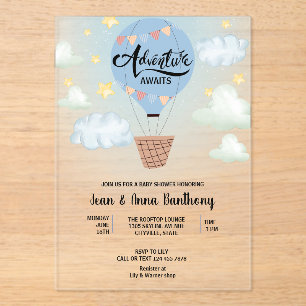 Invitaciones Acrílicas Adventure Awath Blue Air Balloon Baby Shower