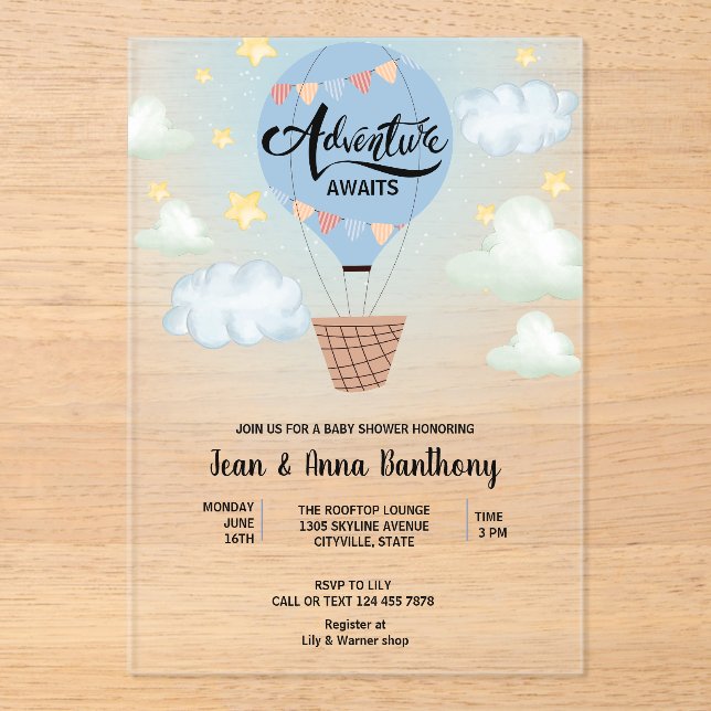 Invitaciones Acrílicas Adventure Awath Blue Air Balloon Baby Shower (Anverso)