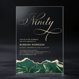 Invitaciones Acrílicas Ágata dorada verde esmeralda 90 cumpleaños
