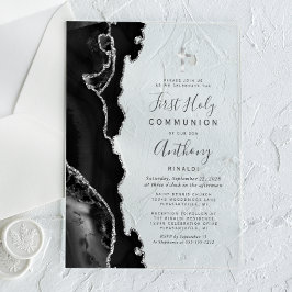 Invitaciones Acrílicas Ágata Negra Primera Comunión Plata