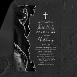 Invitaciones Acrílicas Ágata Negra Primera Comunión Texto Gris Plateado