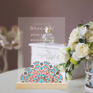 Invitaciones Acrílicas Ágata Turquesa Verde Agua & Floral Mandala Boda